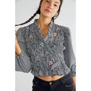 Tach Cedrina Gingham Embroidered Smocked Wrap Blouse Black White‎ Size Small